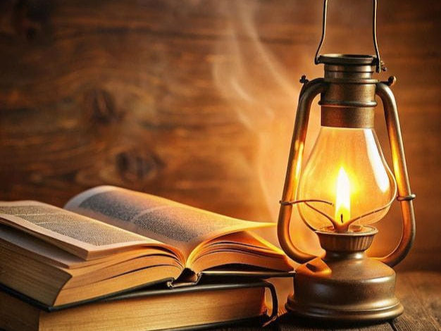 An open book and a lit oil lantern on a wooden table, warm glow creating a cozy atmosphere. Brown wooden background.