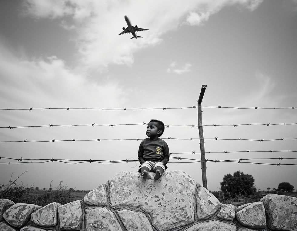 A child sits on a stone wall, gazing at a plane in a cloudy sky; barbed wire fence in the background, black and white setting.
