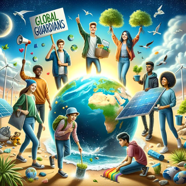 People around a glowing Earth do eco-friendly activities. A sign reads "Global Guardians." Wind turbines and birds are in the bright sky.