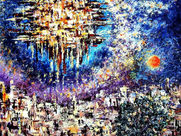 Abstract painting with vivid blues and purples, depicting a cityscape below a swirling, bright celestial form. A tree and red sun are visible.