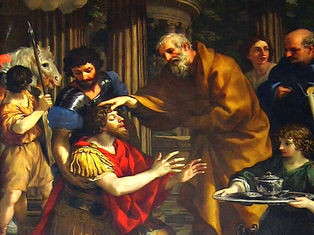 A bearded man blesses a kneeling soldier in red and gold armor. Others watch, with Roman columns and a horse in the background.