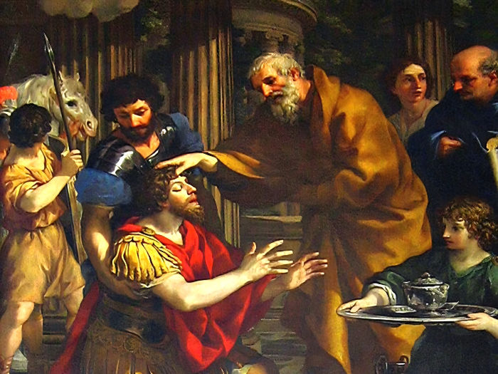 A bearded man blesses a kneeling soldier in red and gold armor. Others watch, with Roman columns and a horse in the background.