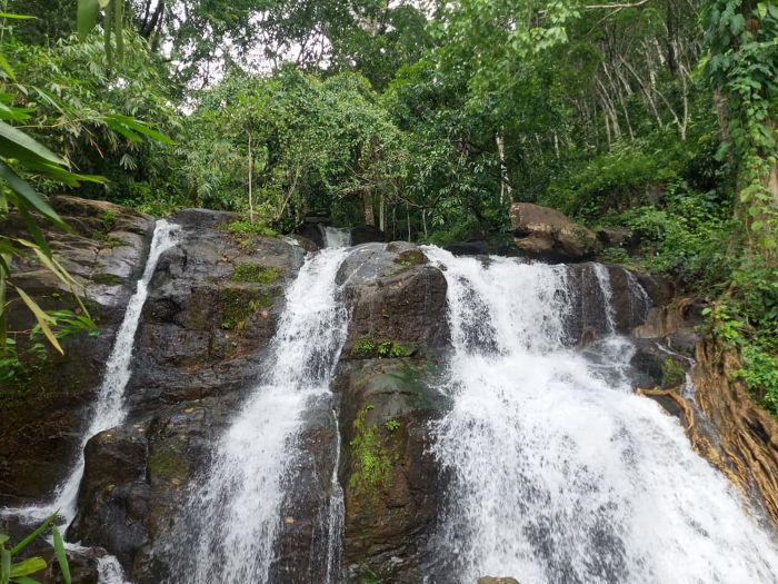 Waterfall cascading over rocks in a lush green forest, creating a tranquil and refreshing atmosphere. No visible text.