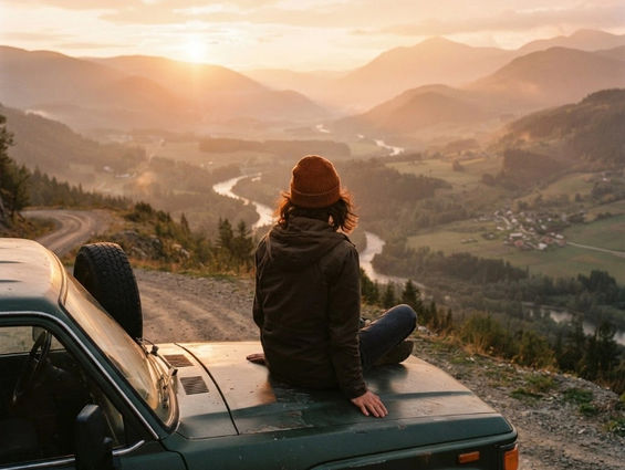 a person sitting on a car gazing towards the sunlit valley
