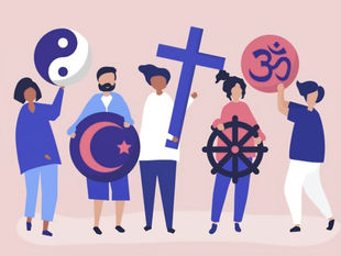 five persons standing with religious symbols to which they belong