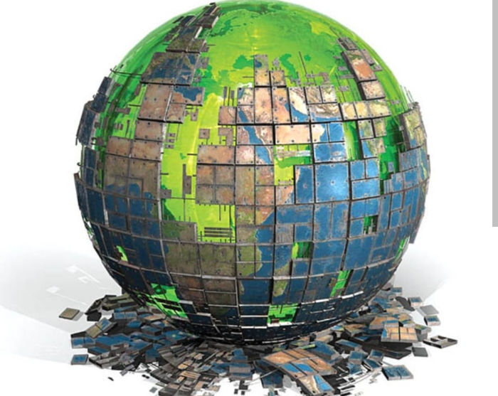 Digital globe with a green core and fragmented blue panels scattered around, symbolizing technological or environmental change.