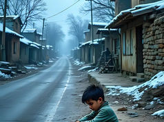 A lone child sits on a snowy street curb, wearing a green outfit, in a foggy village. The mood is somber and the street is deserted.
