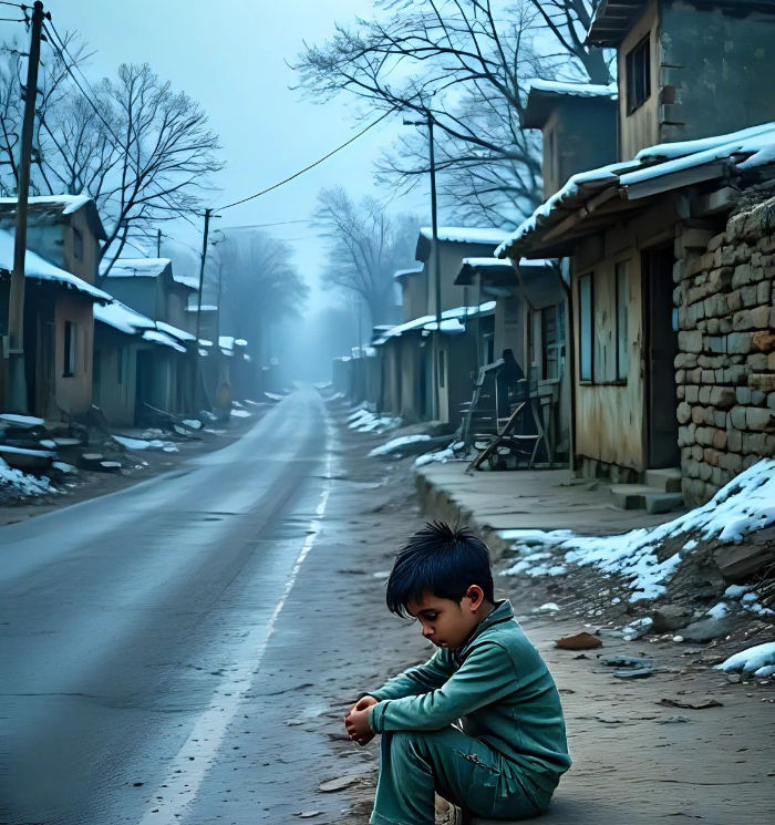 A lone child sits on a snowy street curb, wearing a green outfit, in a foggy village. The mood is somber and the street is deserted.