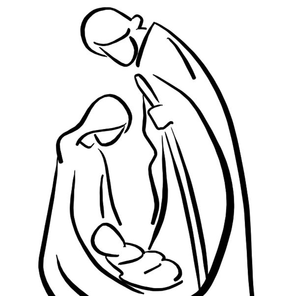 Simple black and white line drawing of two figures with a baby in a manger