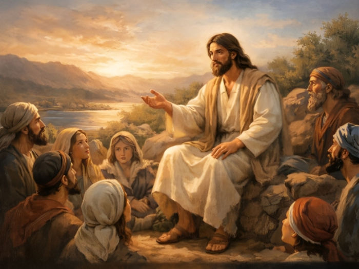 A man in robes sits among attentive listeners on a rocky hill at sunset, sharing wisdom. The scene exudes warmth and serenity.