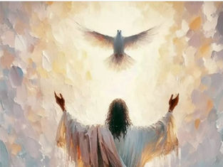 A figure with raised arms faces a white dove in a glowing, ethereal background. The scene exudes a spiritual and peaceful atmosphere.