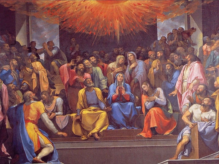 Blessed Virgin Mary and the disciples of Jesus receive the Holy Spirit
