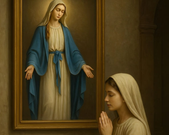 A woman in a beige robe prays before a portrait of Mary in a blue mantle. The setting is serene and spiritual, with soft lighting.
