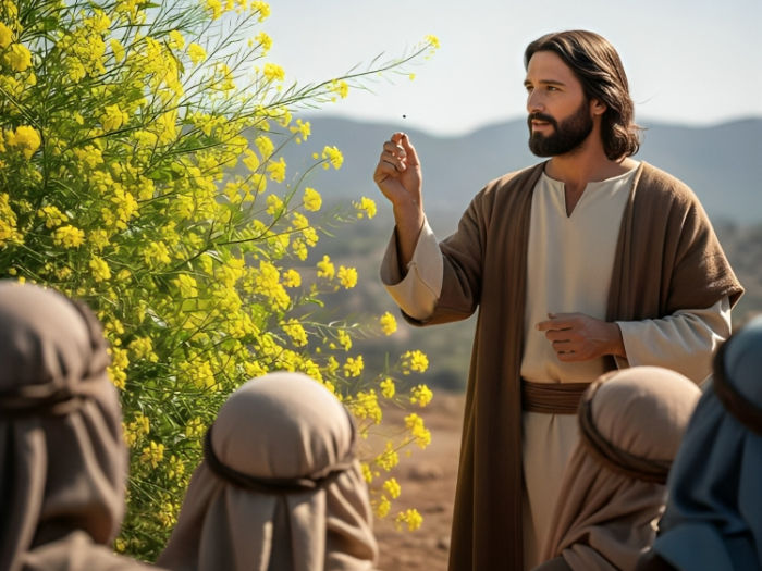 A man in robes holds a tiny seed, teaching an attentive group seated in a sunny, yellow-flowered garden, evoking a peaceful mood.