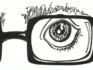 Illustration of an eye within black-rimmed glasses, with detailed eyelashes and eyebrow sketch. Monochrome design on a white background.