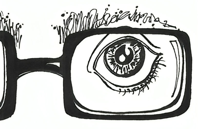 Illustration of an eye within black-rimmed glasses, with detailed eyelashes and eyebrow sketch. Monochrome design on a white background.