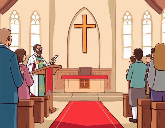 Priest leading a church service, holding a book at the altar with a cross on the wall. Congregation seated, red carpet in aisle, stained glass windows.