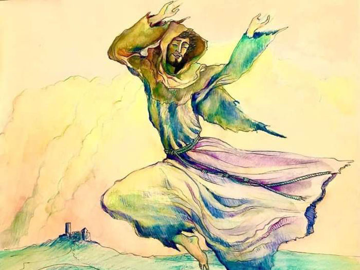A person in flowing, colorful robes dances joyfully. Background shows a landscape with billowing smoke and distant hills, creating a lively mood.