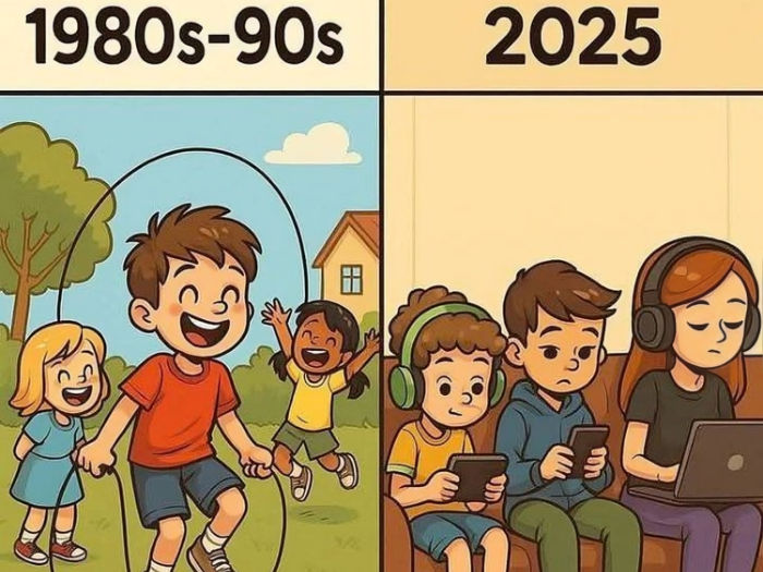 1980s-90s: Kids play outdoors, jumping rope, happy. 2025: Kids indoors, using devices, serious. Contrast in activities and mood.