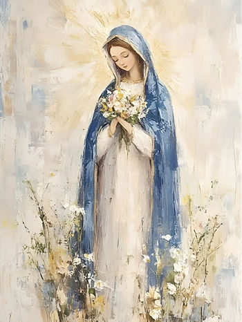 A serene woman in a blue cloak holds flowers. Soft light surrounds her, creating a peaceful mood. Background features delicate flowers.