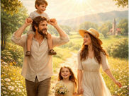 A family image in which the boy is seated on the shoulder of the father a girl and the mother walks and laughs beside them