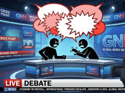 Two silhouetted figures argue at a news desk in a studio. Speech bubbles with jagged edges above them. "Live Debate" text overlay.
