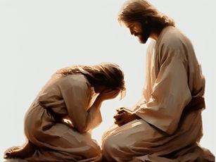 A man kneels beside a woman covering her face, both wearing robes. The setting is serene, with soft lighting and earth tones, conveying peace.