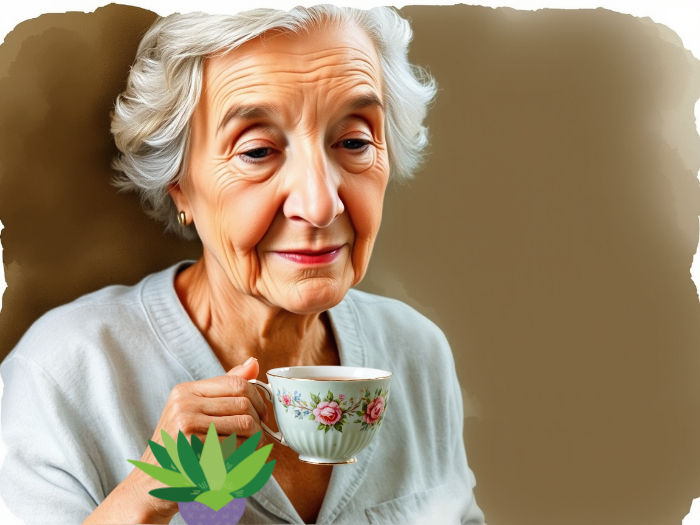 Elderly woman with gray hair holding a floral teacup, wearing a light blue top. Calm expression, plain brown background.