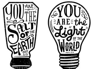 Text art of a salt shaker and light bulb with phrases "You are the salt of the earth" and "You are the light of the world," in black and white.