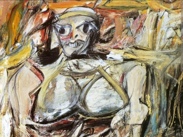 Abstract painting of a distorted figure with large eyes, broad strokes, and earthy tones. The background is chaotic and colorful, suggesting intense emotion.