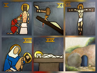 Collage of six religious paintings depicting crucifixion and burial scenes in abstract style. Features vibrant colors and Roman numerals X-XIV.