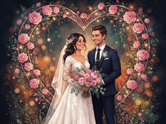 a bride and groom in wedding dress