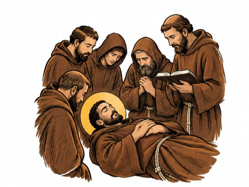 Death of St Franicis. St Francis lying on the ground, his friars are around him praying