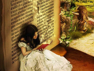 Illustration in which a girl reading a book under the shade of wall in which alphabets are painted