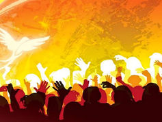 In the background of orange and yellow people with lifted hands towards heaven and a dove symbolizing Holy Spirit appears to be above them