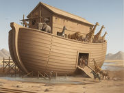 A large wooden ark with elephants, zebras, lions, and giraffes on board. People are boarding via a ramp. Desert mountains in the background.