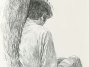 A sketch of a person sitting against a tree, facing away. The monochrome drawing conveys solitude and introspection in a natural setting.