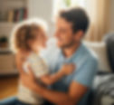 A father and child smiling at each other in a cozy living room. The child wears a striped shirt, and light fills the warm, inviting space.