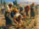 Farmers wearing traditional attire harvest crops in a sunlit field. Mountains, trees, and a distant building form the background scenery.