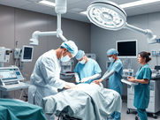 Surgeons in blue scrubs perform surgery under bright lights in a high-tech operating room. Monitors display patient data. Serious mood.