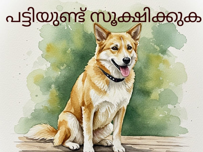 ഒരു നായ പച്ച പശ്ചാത്തലത്തില് ഇരിക്കുകയാണ്. മേല് ചുവന്ന മലയാള ലിപിയിലുള്ള വാചകം. നായ സന്തോഷവാനായി കാണുന്നു.