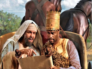 Two men in ancient attire read a scroll on a chariot, one in a crown. Background shows horses and greenery, with a focused and engaged mood.