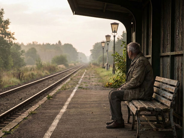 A man sits on a bench at an empty train station, looking at the tracks. It's overcast with muted colors, creating a lonely mood.