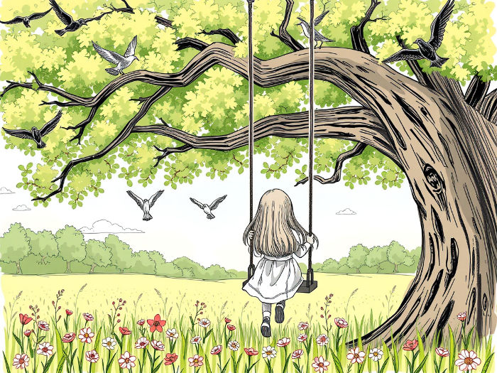 A girl under a tree.