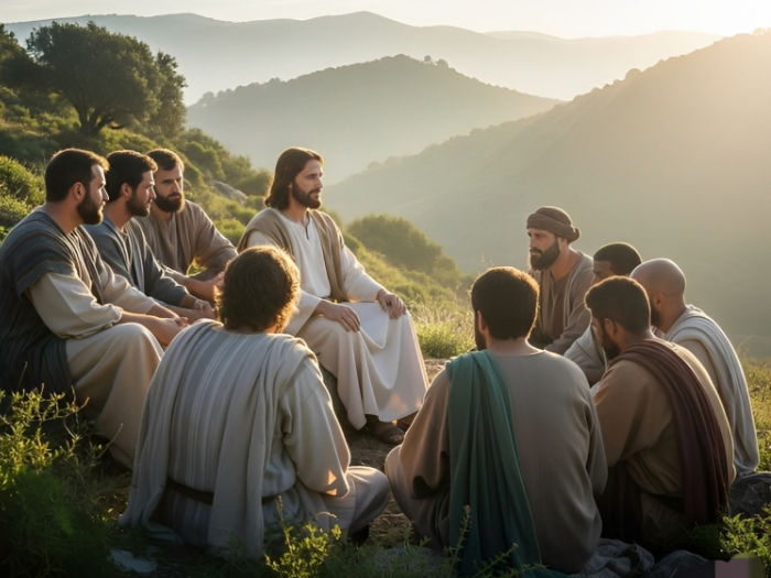 A group of people in robes sits on a grassy hillside, engaging in conversation during sunset. The mood is serene and contemplative.