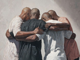 Five men seen from behind huddle in a tight group hug, arms around shoulders, in a painted scene with a muted gray background.