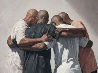 Five men seen from behind huddle in a tight group hug, arms around shoulders, in a painted scene with a muted gray background.