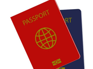 Red and blue passport covers overlap. "PASSPORT" text and a globe emblem are visible on the red cover. Minimalistic design.