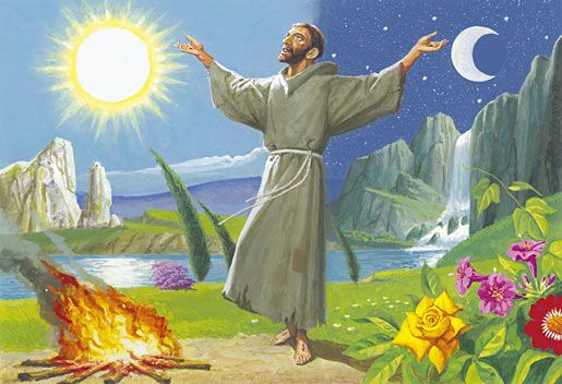 A man in a robe stands joyfully with arms raised, surrounded by a vivid landscape with a bright sun, crescent moon, flowers, and a fire by a river.