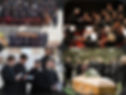 Collage of somber events: top left, a formal gathering; top right, orchestra performance; bottom left, religious service; bottom right, funeral.